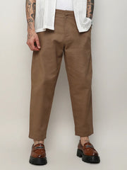 Mens Tan Brown Solid Tailored Trousers