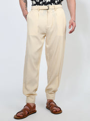 Mens Pale Yellow Textured Cuff Hem Trousers