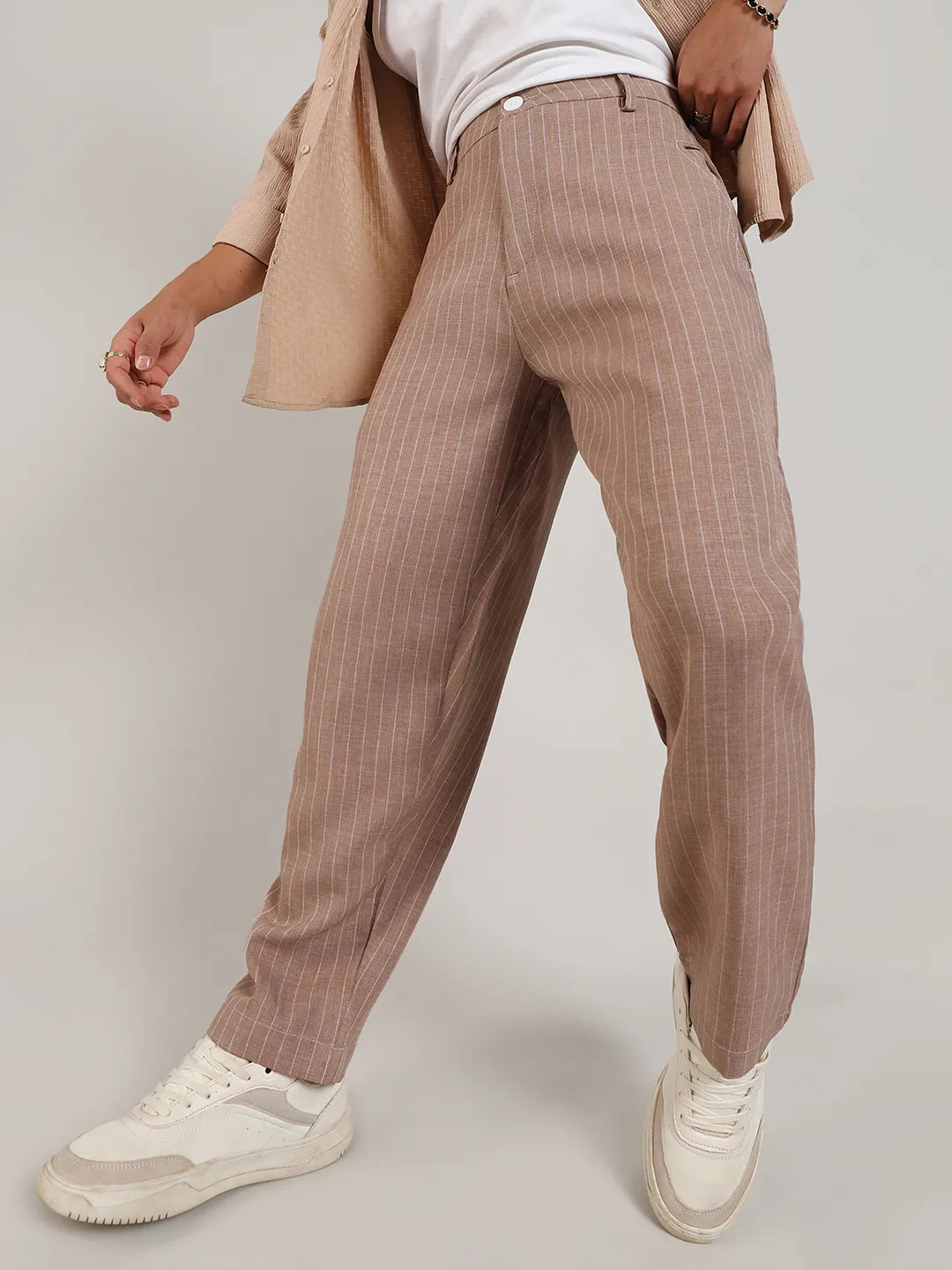 Mens Tan Brown Pinstriped Trousers