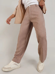 Mens Tan Brown Pinstriped Trousers