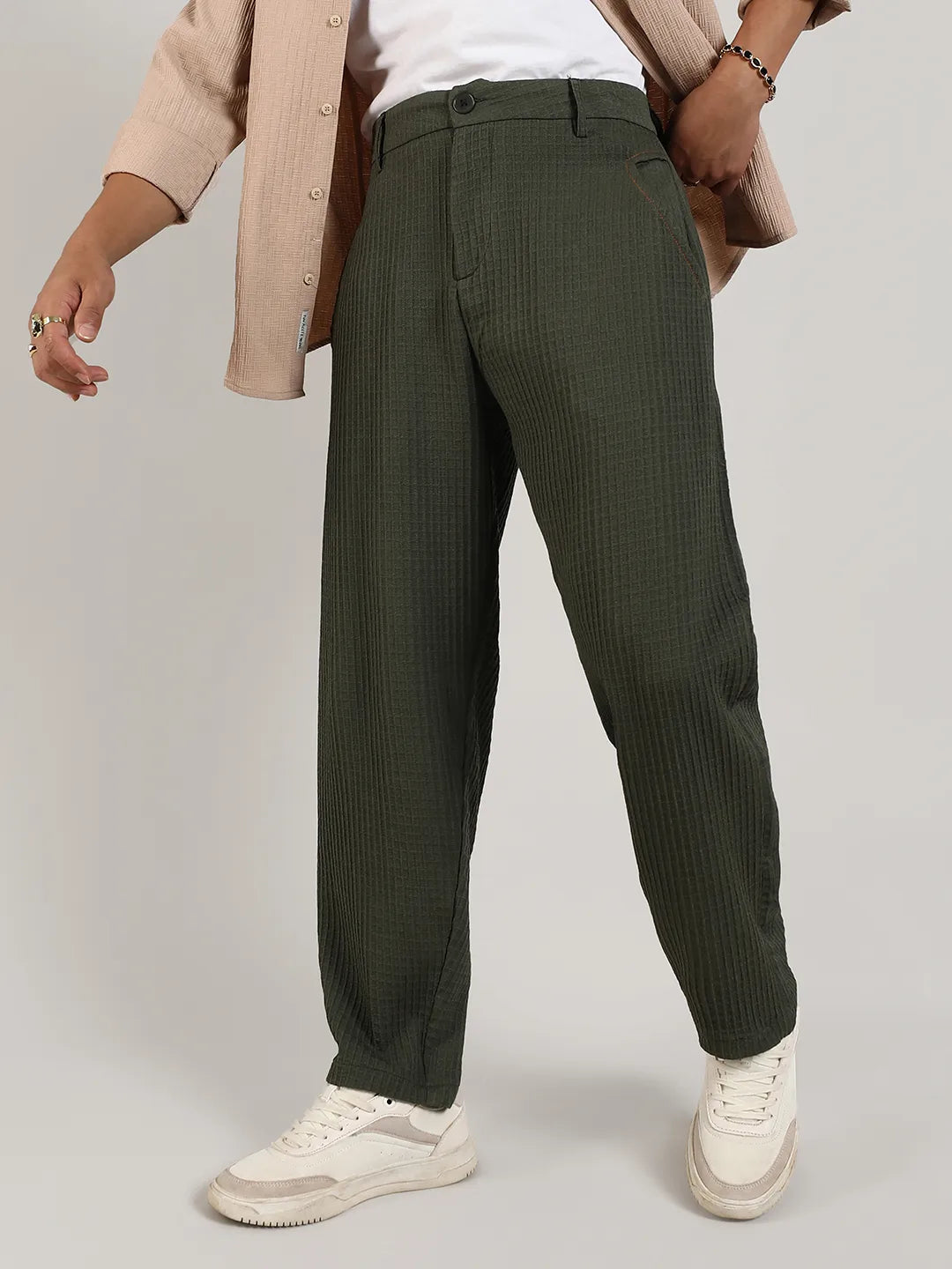Mens Army Green Textured Graph Check Trousers