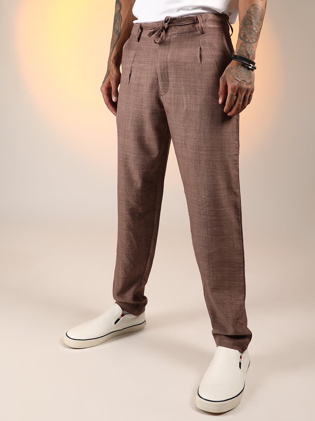 Mens Ash Brown Solid Pleated Trousers