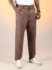 Mens Ash Brown Solid Pleated Trousers