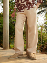 Mens Saltbox Beige Straight Pleated Trousers