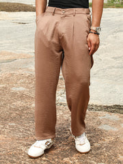 Mens Bronze Brown Creased Pleated Straight Trousers