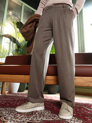 Mens Ash Brown Pleated Ribbed Trousers