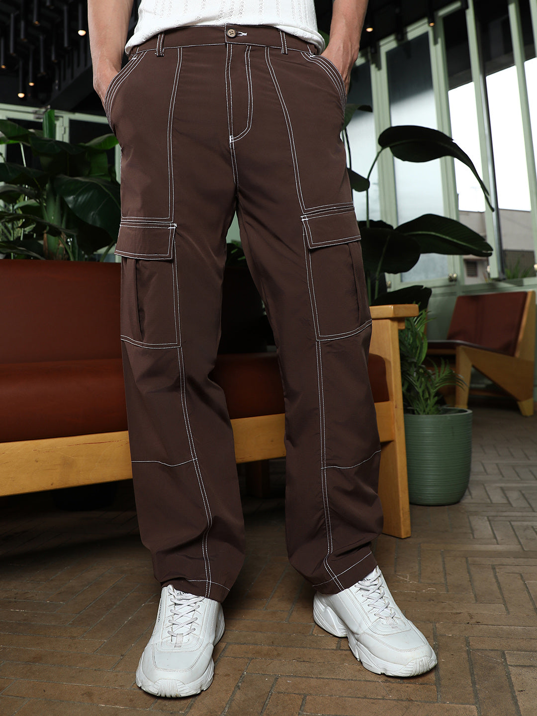Mens Chocolate Brown Contrast Stitch Utility Trousers