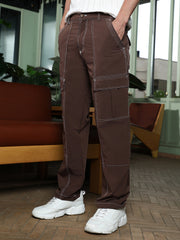 Mens Chocolate Brown Contrast Stitch Utility Trousers