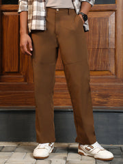 Mens Chocolate Brown Panelled Straight Fit Trousers