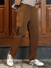 Mens Chocolate Brown Panelled Straight Fit Trousers