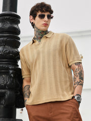 mens khaki beige candy stripe knitted polo t shirt