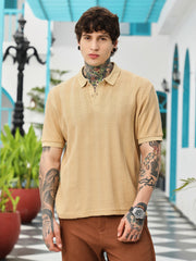 mens khaki beige candy stripe knitted polo t shirt