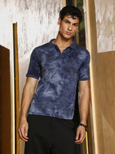 mens indigo blue dye panel jacquard polo t shirt