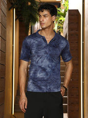 mens indigo blue dye panel jacquard polo t shirt