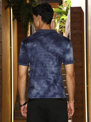 mens indigo blue dye panel jacquard polo t shirt