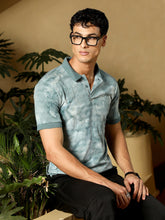 mens viridian green dye panel jacquard polo t shirt