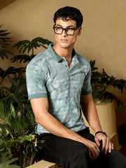 mens viridian green dye panel jacquard polo t shirt