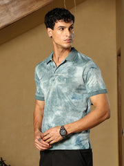 mens viridian green dye panel jacquard polo t shirt
