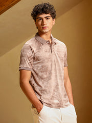 mens ash brown dye panel jacquard polo t shirt