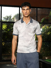 mens cloud grey dye panel jacquard polo t shirt
