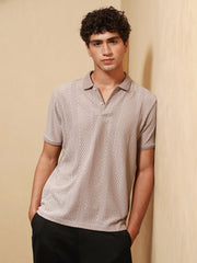 mens almond beige marquise panel jacquard polo t shirt