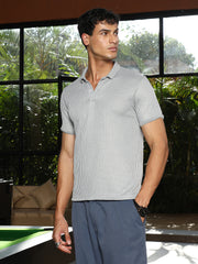 mens coin grey solid ribbed polo t shirt