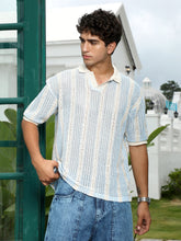 mens baby blue striped crochet polo t shirt