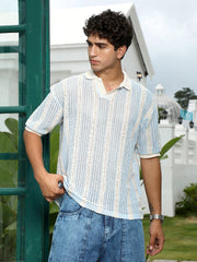 mens baby blue striped crochet polo t shirt