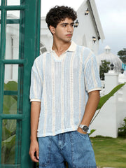 mens baby blue striped crochet polo t shirt