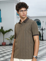 mens olive green geometric folk knitted polo t shirt
