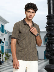 mens olive green geometric folk knitted polo t shirt