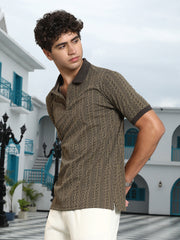 mens olive green geometric folk knitted polo t shirt