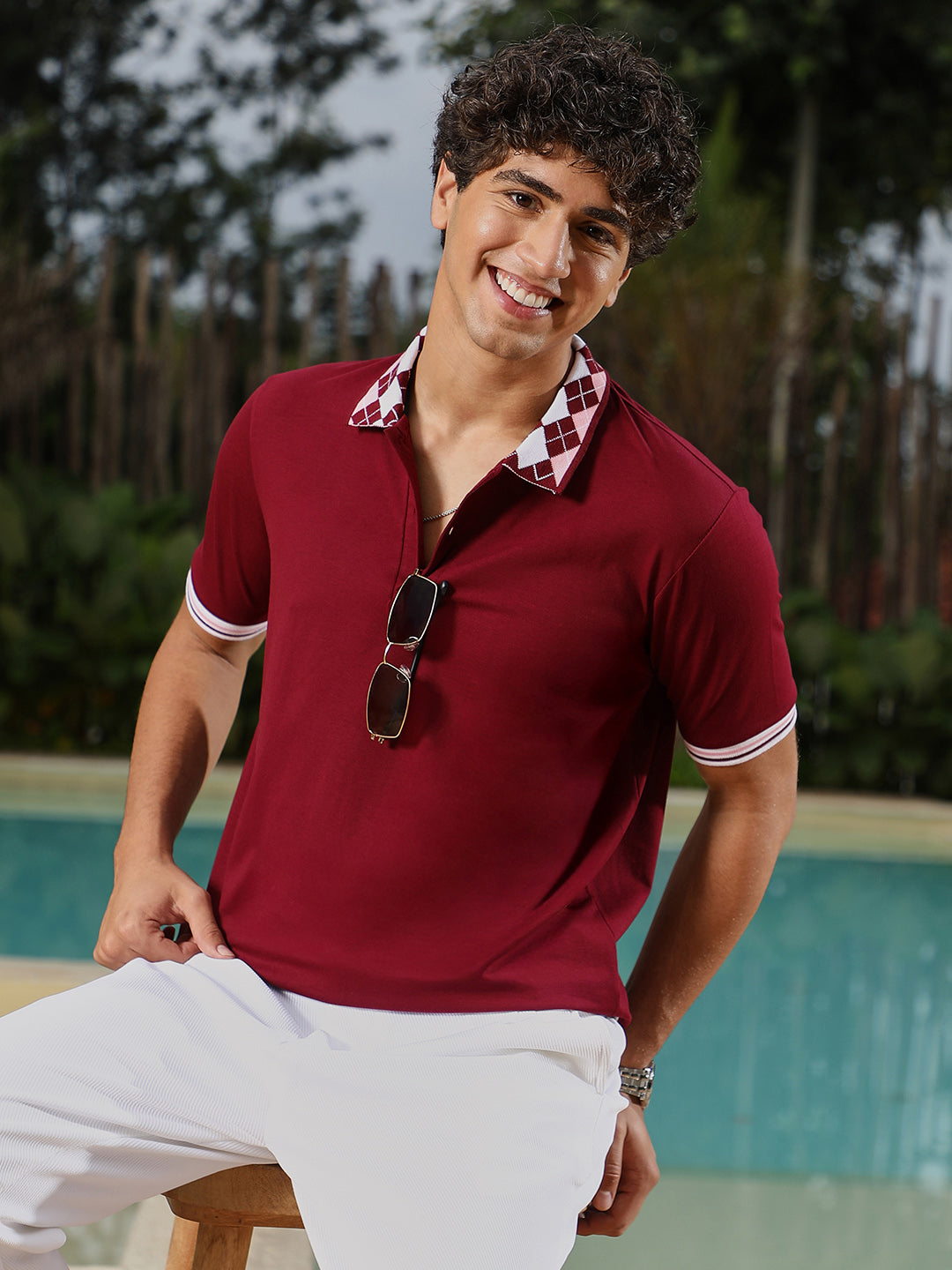 mens wine red block argyle knit polo t shirt