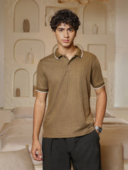 mens olive brown ribbed knit polo t shirt