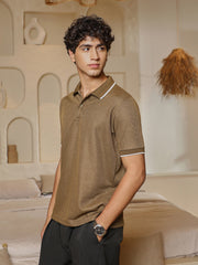 mens olive brown ribbed knit polo t shirt