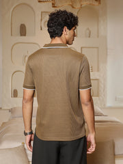 mens olive brown ribbed knit polo t shirt