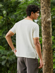 mens peach orange chalk white block textured knit polo t shirt