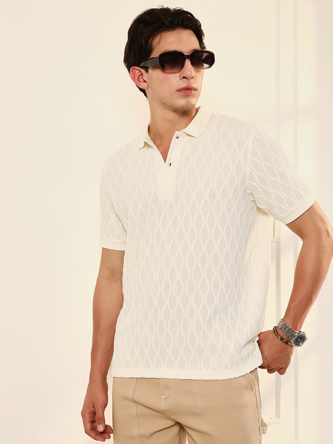 mens cream white marquise tactile knit polo t shirt