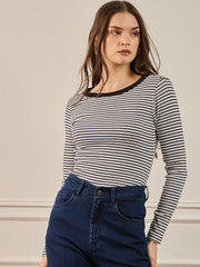 Black & White Striped Rib Full Sleeves Top