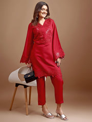 Red color silk blend with heavy sequence work tunic and trouser Co-ord set