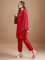 Red color silk blend with heavy sequence work tunic and trouser Co-ord set