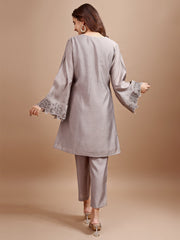 Grey Colour Silk Blend Tonal Seuiqnns Embroidey Work Tunic With Trouser Set