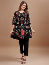 Black colour linen multi thread embroidery flared tunic with trouser coord set