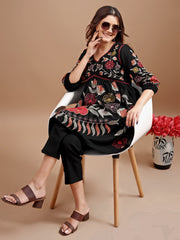 Black colour linen multi thread embroidery flared tunic with trouser coord set