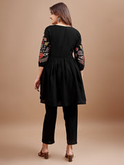 Black colour linen multi thread embroidery flared tunic with trouser coord set