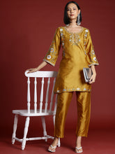 Mustard Color Cotton Blend Floral Embroidered Tunic With Trouser Co-ord Set