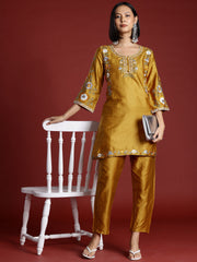 Mustard Color Cotton Blend Floral Embroidered Tunic With Trouser Co-ord Set