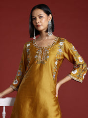 Mustard Color Cotton Blend Floral Embroidered Tunic With Trouser Co-ord Set