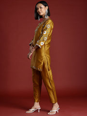 Mustard Color Cotton Blend Floral Embroidered Tunic With Trouser Co-ord Set