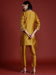 Mustard Color Cotton Blend Floral Embroidered Tunic With Trouser Co-ord Set